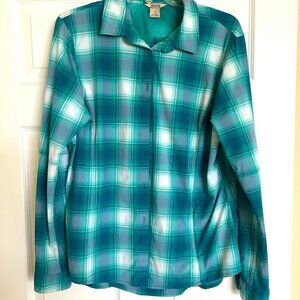 Duluth Trading Co Womens Button Up Performance Shirt Size L Teal Plaid Stretch